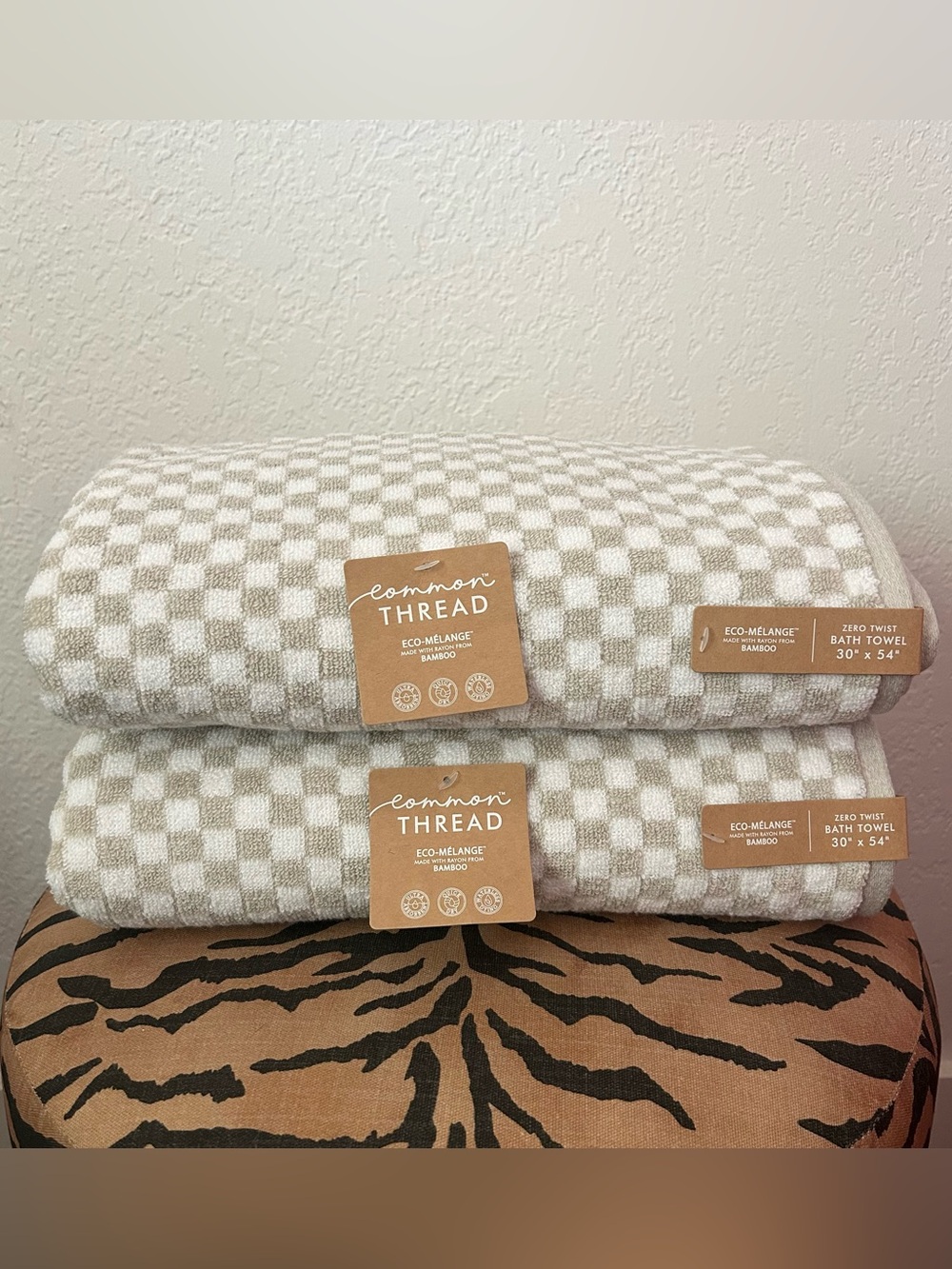 NEW Common Thread Eco-Melange Bamboo Zero Twist Checkered Bath Towel 2-Piece Set